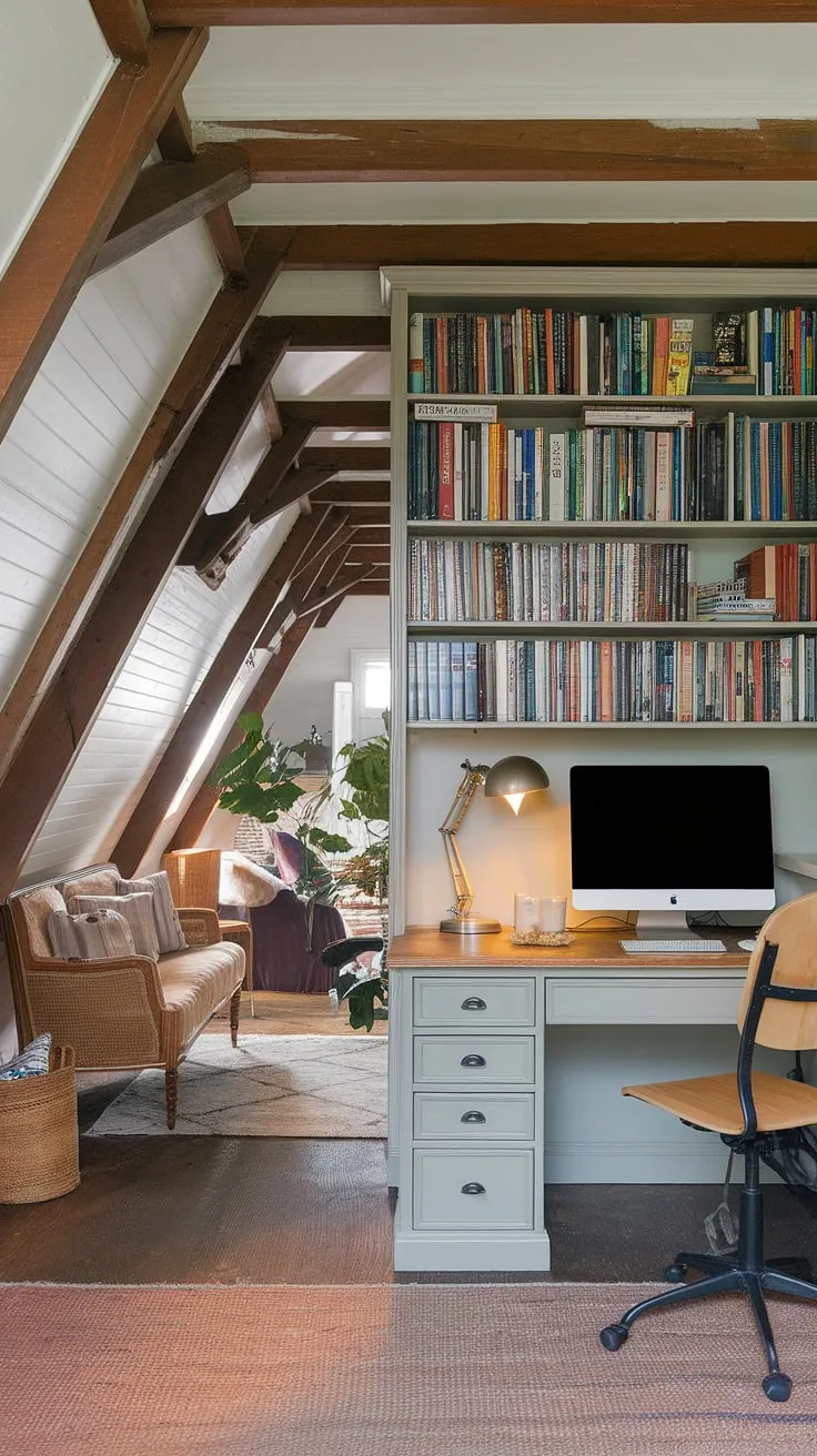 This renovated attic boasts a charming attic workspace, complete with a comfortable desk, a substantial attic bookshelf overflowing with inspiration, and a cozy attic sitting room perfect for breaks. The thoughtful attic design maximizes the space, creating a functional yet inviting attic studio. The exposed wooden beams add character to this stunning transformation.