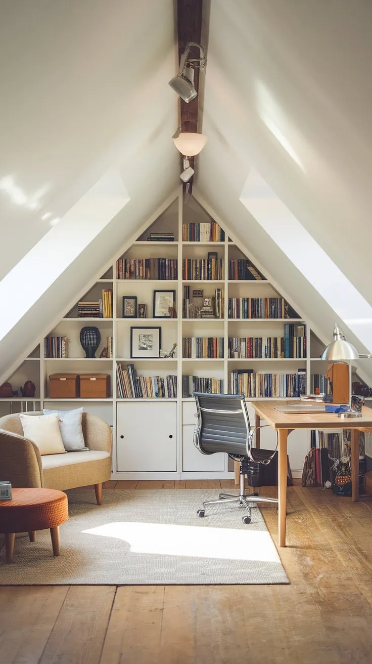 Sunlight streams into this renovated attic, transforming it into the perfect attic workspace. The attic bookshelf, cozy attic sitting room, and thoughtful attic design create an inspiring attic studio.