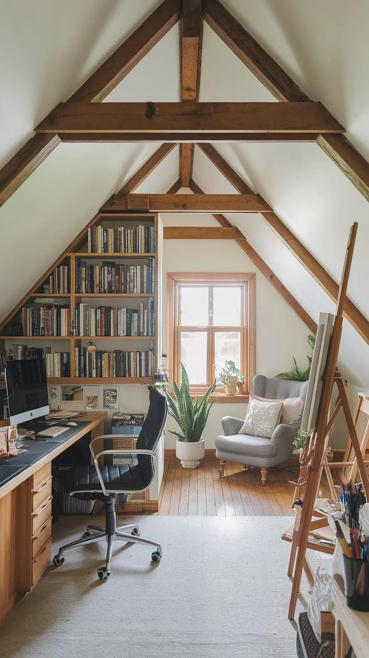 This renovated attic is the ultimate attic office. The attic design maximizes space, creating a functional attic workspace with a dedicated attic bookshelf, a relaxing attic sitting room, and a creative attic studio.