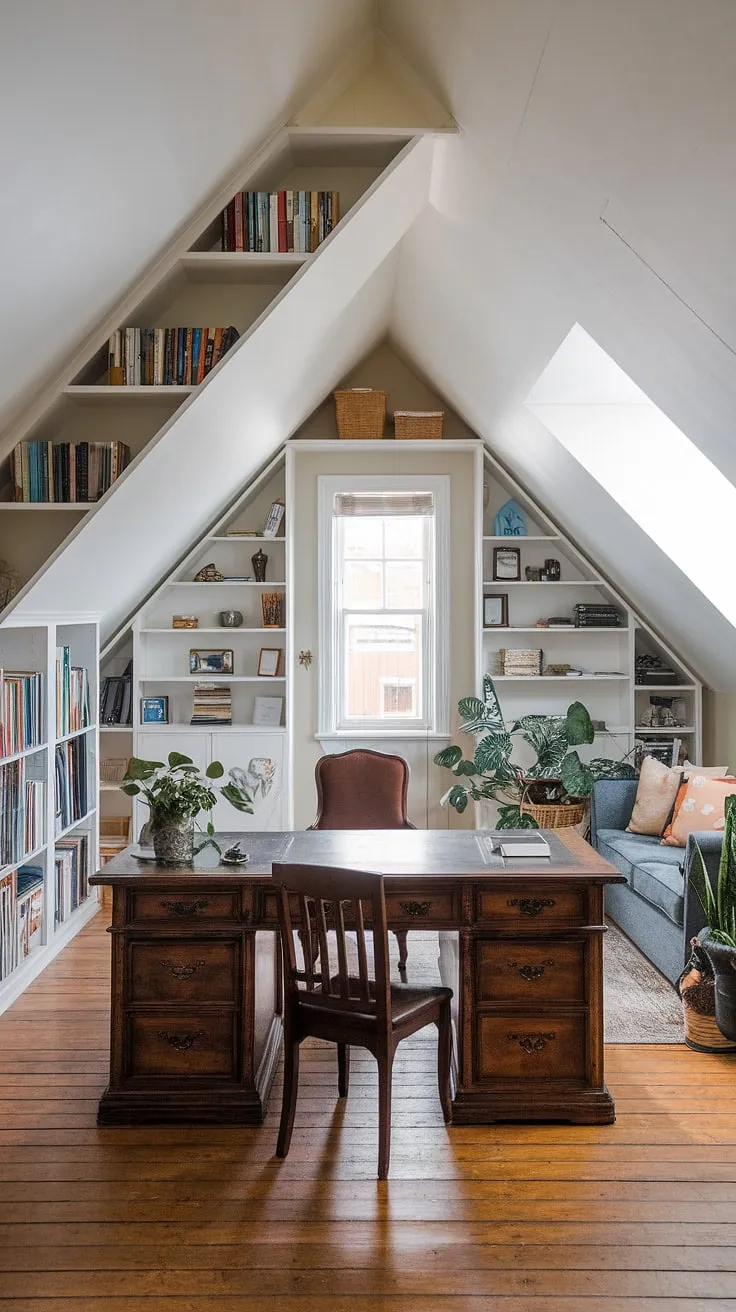 Sunlight streams into this thoughtfully designed attic studio, showcasing the successful renovation of this attic space. The heart of this attic workspace is a spacious wooden desk, complemented by an attic bookshelf overflowing with personality and a comfortable attic sitting room for moments of respite. Built-in shelving and the warm wooden floors complete the inviting attic design, transforming this once-forgotten space into a functional and inspiring attic office.