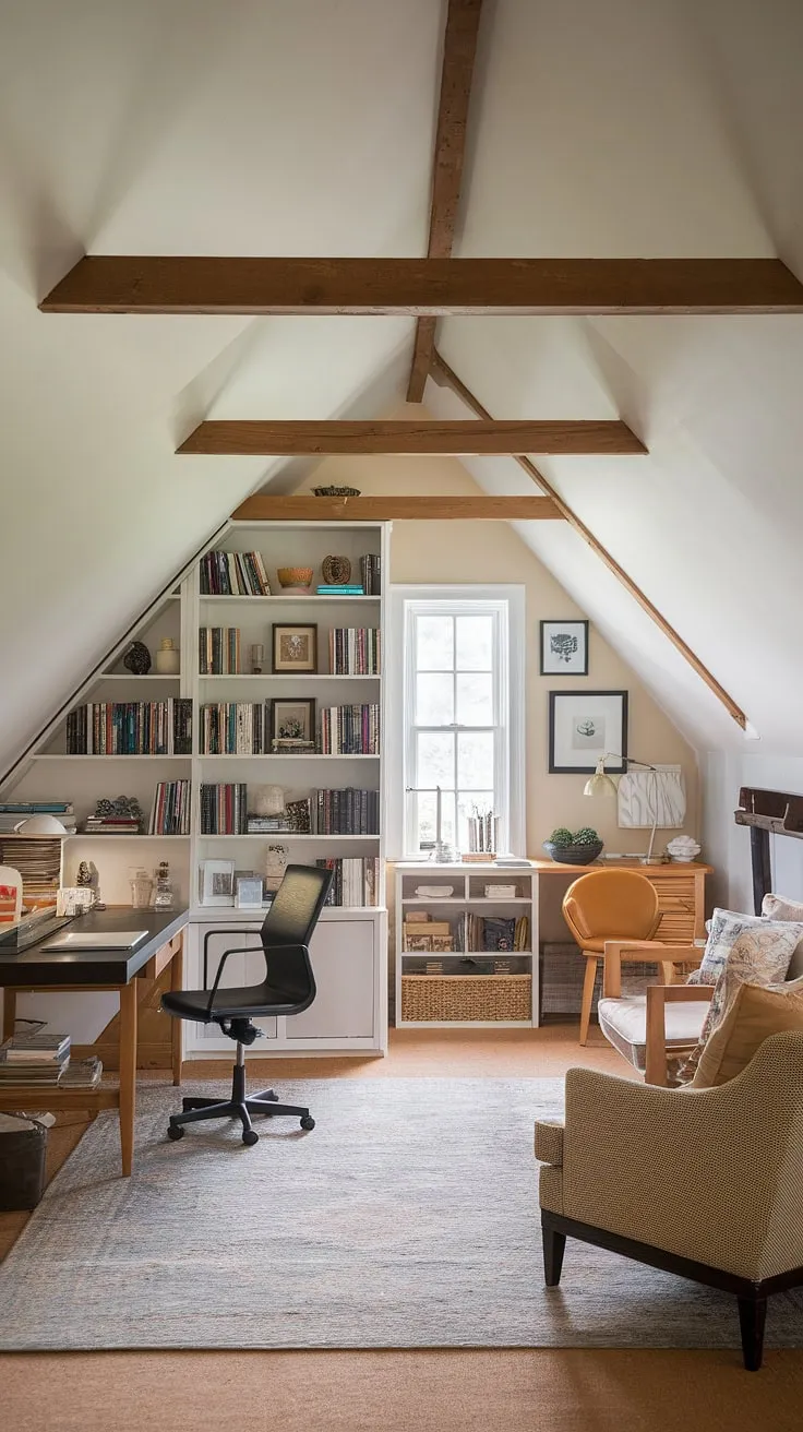 This renovated attic boasts a stunning transformation into a versatile and inspiring space. The attic workspace seamlessly blends with an attic office, a cozy attic sitting room complete with a window seat, and a dedicated attic studio area, all anchored by a charming attic bookshelf. The exposed wooden beams and sloped ceiling add character to this unique attic design.