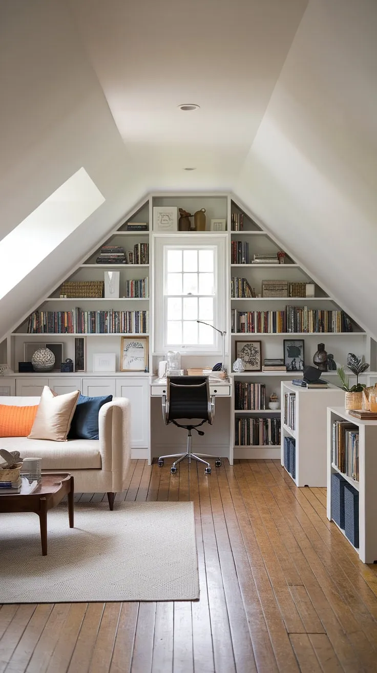 A dream attic office awaits! This renovated attic has been cleverly designed to maximize space and functionality. The attic bookshelf lines the walls, offering abundant storage, while a comfortable attic sitting room provides a relaxing break from work. The result is a beautiful and productive attic studio, perfect for anyone seeking a unique and inspiring workspace.