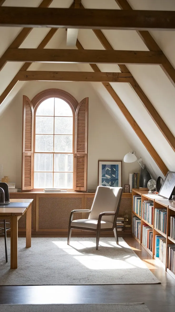 Sunlight streams through the wooden shutters of this renovated attic, illuminating a charming attic workspace. A comfortable chair and table sit invitingly near the window, overlooking the view, while an attic bookshelf brimming with books and treasures lines the opposite wall. The exposed wooden beams and plush rug complete the cozy attic studio design, transforming this once-forgotten space into a functional and inspiring attic office or even a delightful attic sitting room.