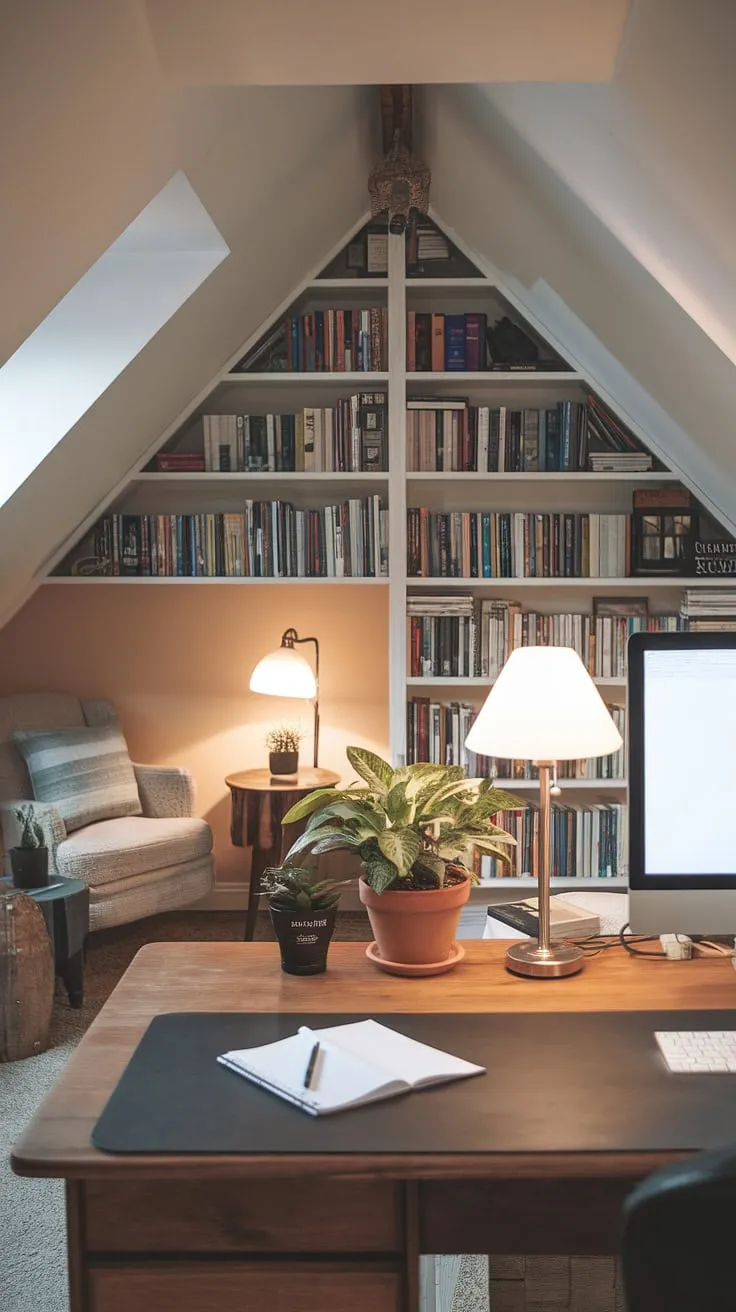 From forgotten attic to functional attic home office. This attic design maximizes space and creates a warm, inviting attic workspace, perfect for focused work and quiet relaxation.