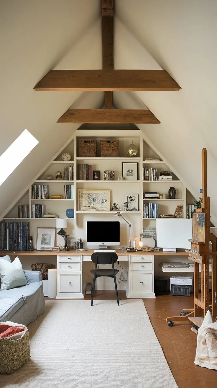 A dream attic design realized! This renovated attic is now a versatile and inspiring workspace. The attic office features a dedicated desk area, while the attic sitting room offers a relaxing spot. An attic studio with an easel and paintings adds a creative touch, complemented by the charming attic bookshelf and the warm, inviting atmosphere of the renovated attic.
