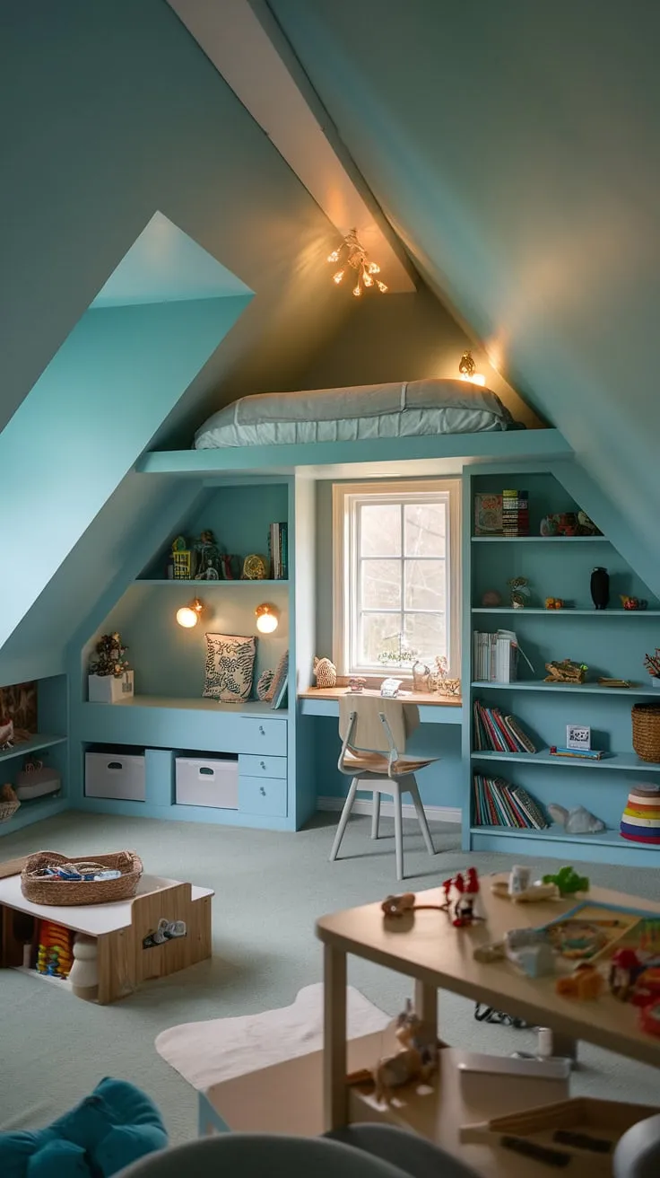 This attic kids bedroom is a dreamy escape, complete with a cozy loft bed and a playful space below. Perfect attic kids bedroom ideas for imaginative play and restful sleep.