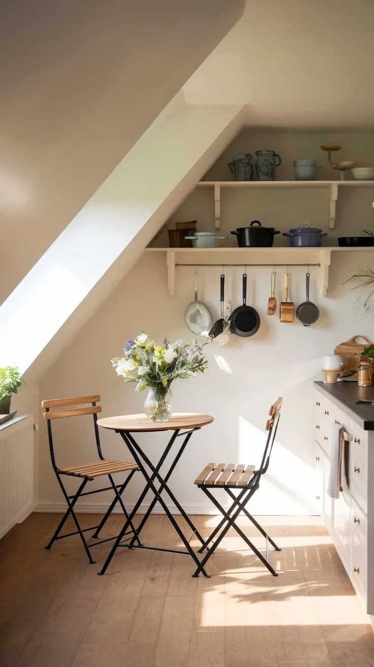 Ascend to your attic kitchen, a haven where the sloping ceilings embrace you in a warm hug while the cleverly designed layout sparks your inner chef. This isn't just a kitchen; it's a sanctuary for culinary exploration and intimate gatherings, a place where every meal feels like a special occasion.