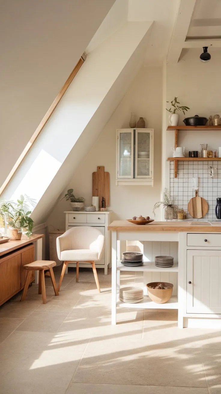 Step into your attic kitchen, a haven where a calming palette of neutral hues meets a flawlessly planned layout, transforming the space into a cozy and inspiring sanctuary, ready to ignite your culinary passions.