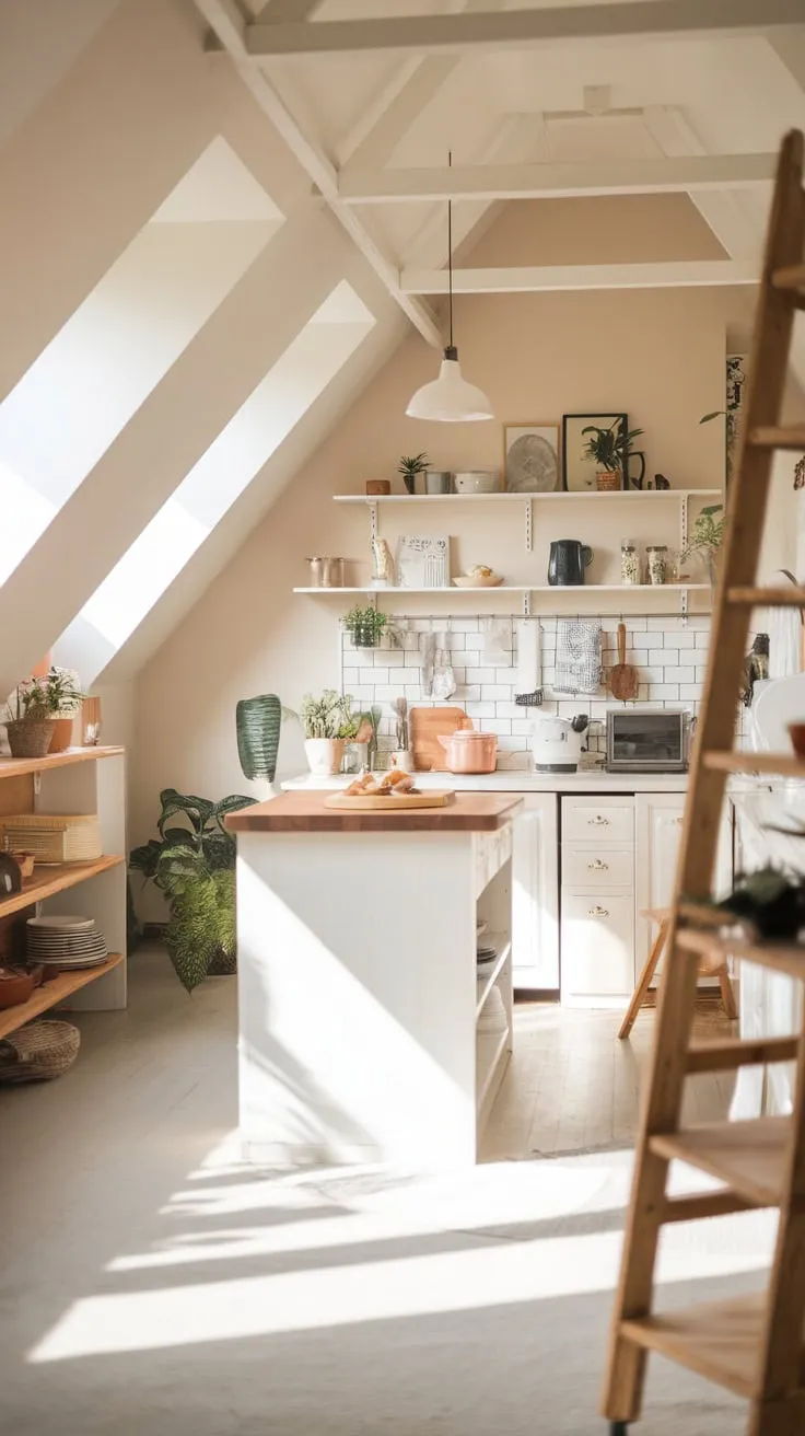 Sunlight streams through the dormer windows of your attic kitchen, bathing the exposed beams and handcrafted cabinetry in a golden glow, beckoning you to unleash your inner chef and host unforgettable, intimate feasts.