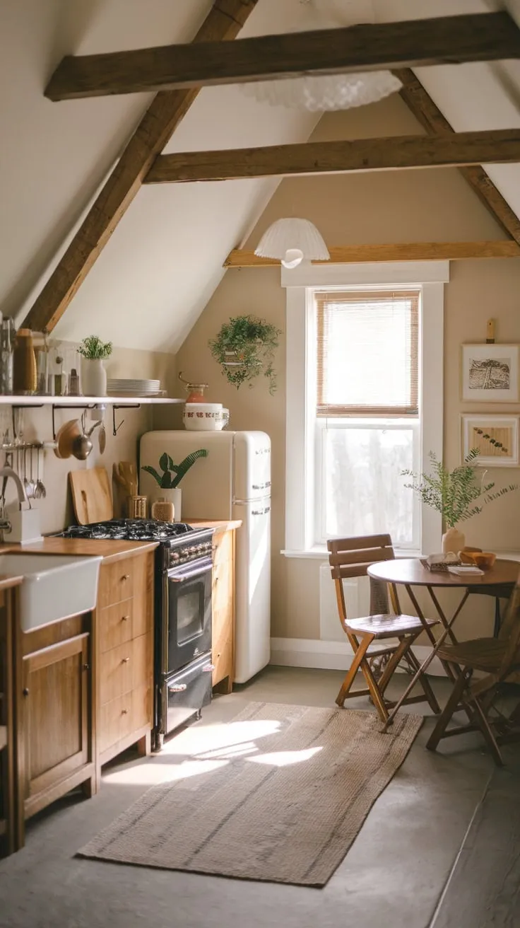 Sunlight streams through the attic windows, illuminating a kitchen where exposed beams whisper tales of the past while sleek, stainless steel appliances hum with modern efficiency, beckoning you to unleash your inner chef in its cozy embrace.