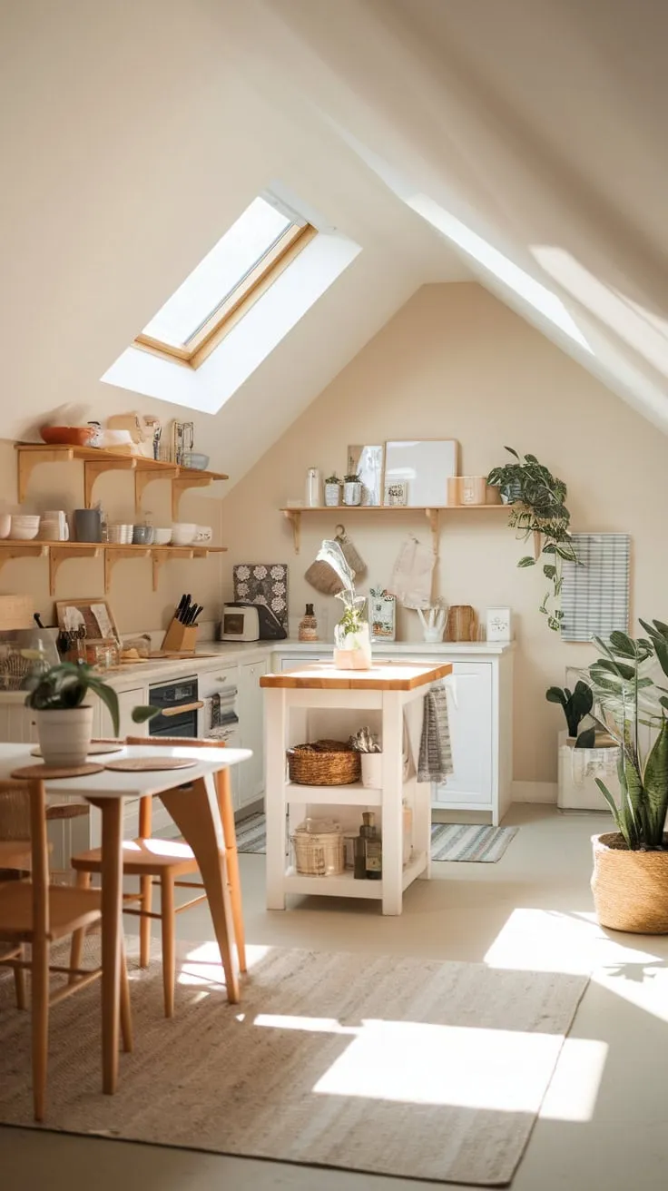 This well designed attic kitchen exudes warmth and charm, making it the perfect space for culinary creativity and cozy gatherings.