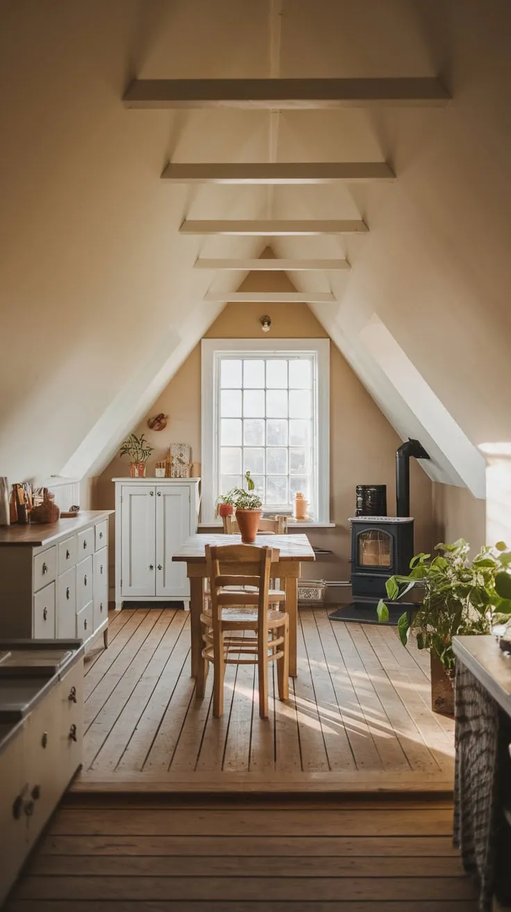 This attic kitchen beautifully combines rustic charm with modern design, creating a warm and inviting space perfect for culinary creativity.