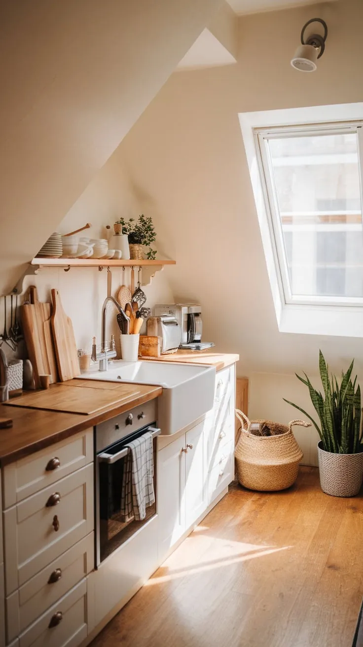 Sunlight streams through the attic windows, bathing the kitchen in a golden glow; exposed beams whisper tales of the past as sleek, modern appliances beckon you to create, a symphony of rustic charm and contemporary design that sparks culinary inspiration.