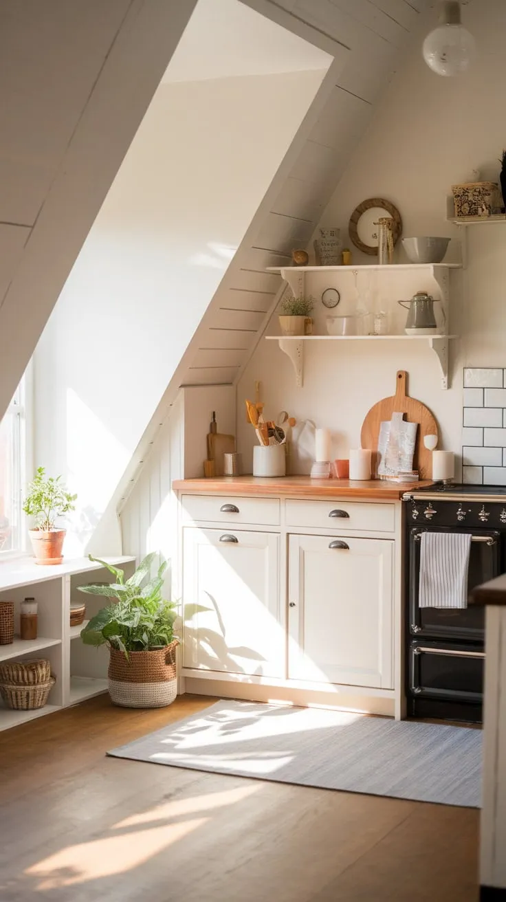 Sunlight streams through the dormer windows of your attic kitchen, bathing the exposed beams and handcrafted cabinetry in a golden glow, beckoning you to unleash your inner chef and host unforgettable, intimate feasts.