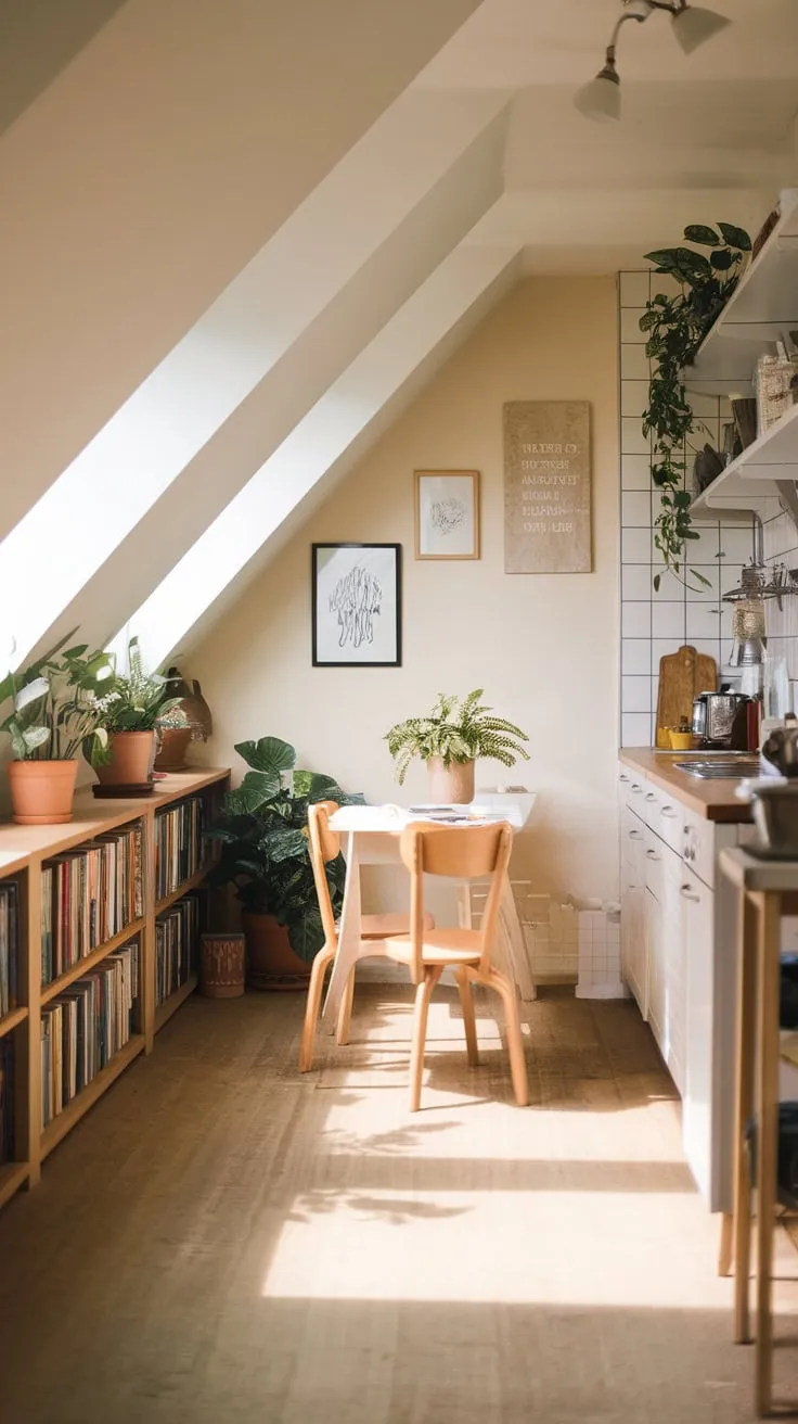 Step into your attic kitchen, a haven where a soft, neutral palette dances with sleek furniture and delightful accents. Here, culinary inspiration ignites, and intimate gatherings unfold in a space that wraps you in warmth and beckons you to create.