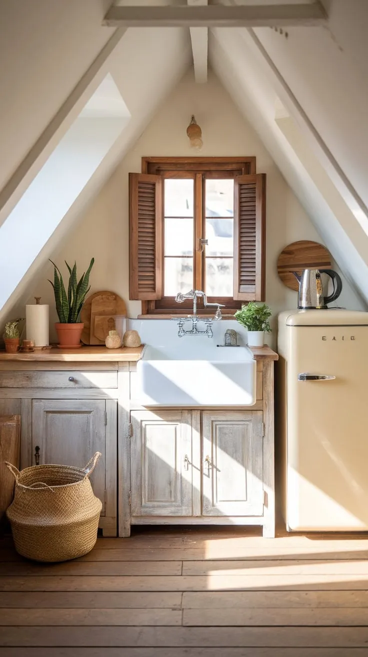 Sunlight streams through the dormer window, illuminating the warm, neutral tones of your attic kitchen, where vintage touches dance with modern appliances, creating a space that's as effortlessly stylish as it is wonderfully functional. You find yourself drawn in, enveloped by its cozy, inviting embrace.