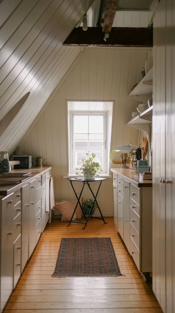 Cozy charm defines this small attic kitchen, where a sloped ceiling adds character and the slanted ceiling kitchen design maximizes every inch of space.  The kitchenette sloped ceiling lets in natural light, illuminating the white cabinets and wooden floors, creating a warm and inviting atmosphere.