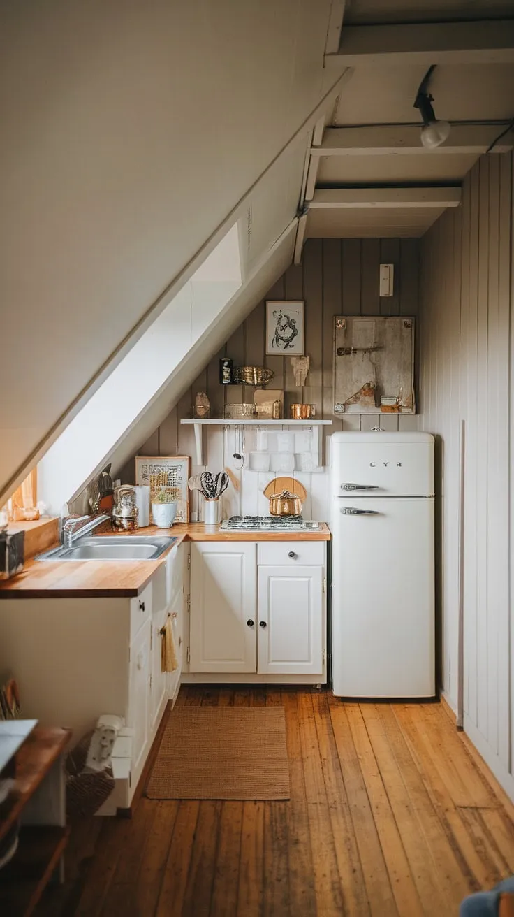Cozy doesn't even begin to describe this charming small attic kitchen.  The sloped ceiling and slanted ceiling kitchen design create an unexpectedly intimate space, perfect for whipping up culinary delights in this kitchenette sloped ceiling haven.  The small kitchen slanted ceiling adds character, while the white cabinets keep it bright and airy.