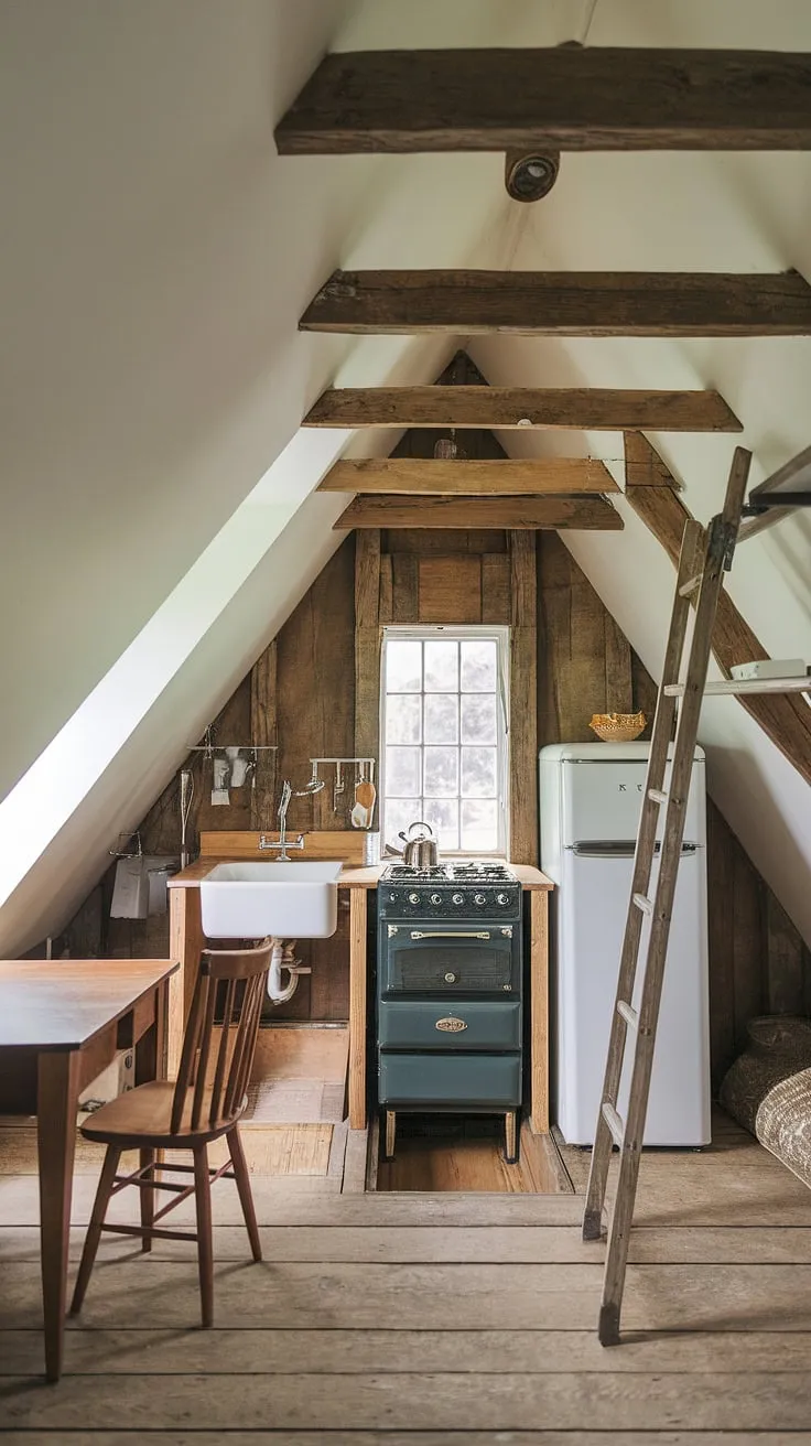 Cozy and charming, this small attic kitchen with sloped ceiling maximizes space and rustic appeal.  The slanted ceiling kitchen, complete with kitchenette sloped ceiling and a charming ladder to the hatch, creates a unique and inviting atmosphere.  A perfect blend of functionality and character in this kitchen with sloped ceiling.