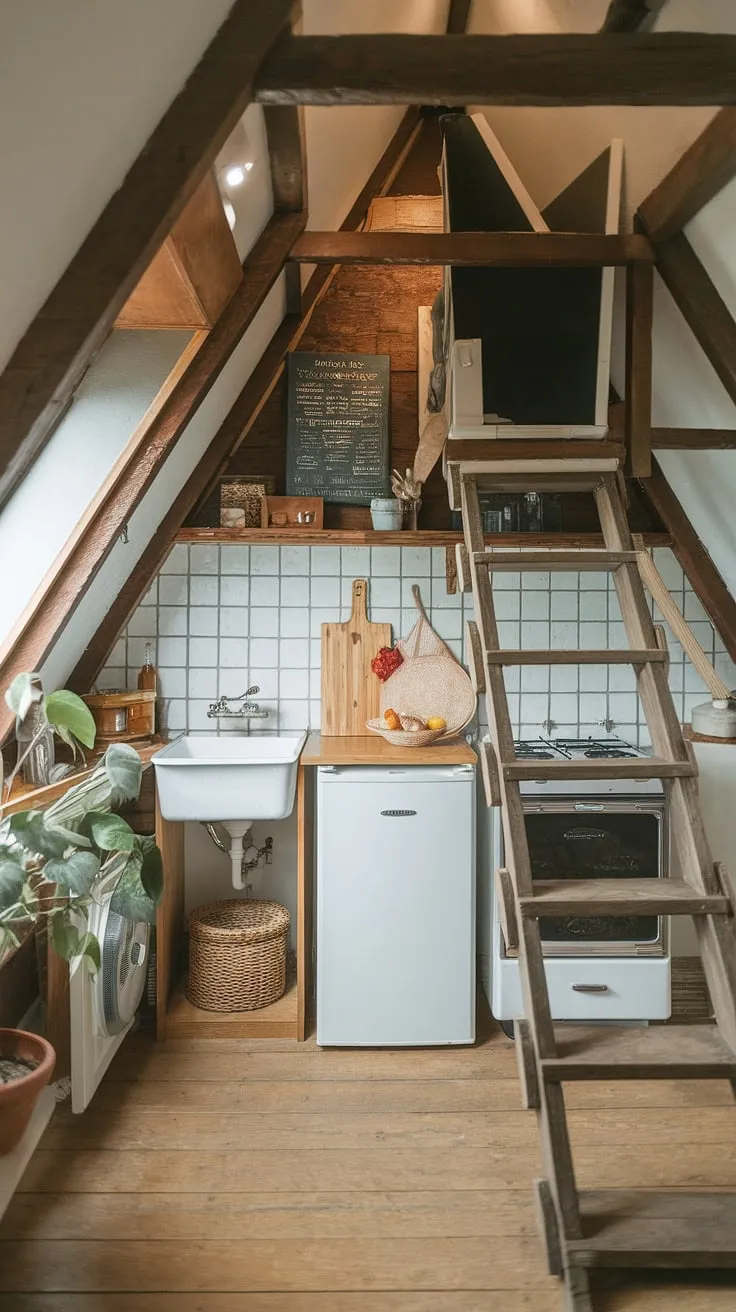 This small kitchen slanted ceiling is a testament to maximizing space and embracing charm.  The attic kitchen's sloped ceiling kitchen design is surprisingly spacious and functional, complete with a stove, sink, and even room for a potted plant. A kitchen with sloped ceiling doesn't have to be cramped; it can be utterly delightful.