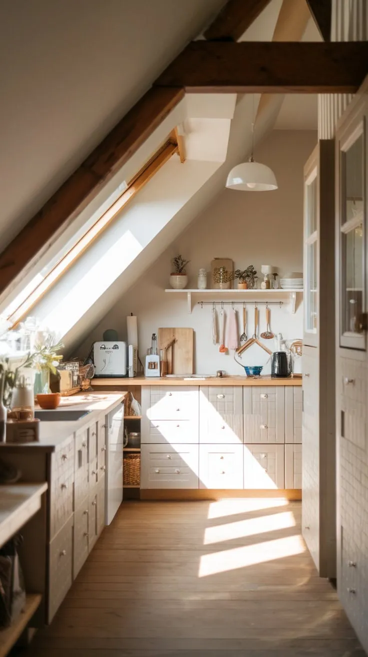 Imagine stepping into your attic kitchen, where the sloped ceilings and thoughtfully placed skylights create an enchanting haven, inspiring culinary masterpieces and fostering laughter-filled evenings with loved ones.
