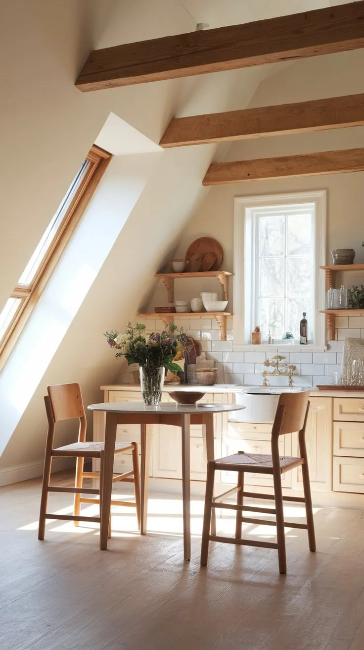 Step into your attic kitchen, a space where the rough-hewn beauty of aged wood dances with the clean lines of modern design, enveloping you in a comforting embrace that inspires both culinary masterpieces and cherished moments shared over steaming plates.