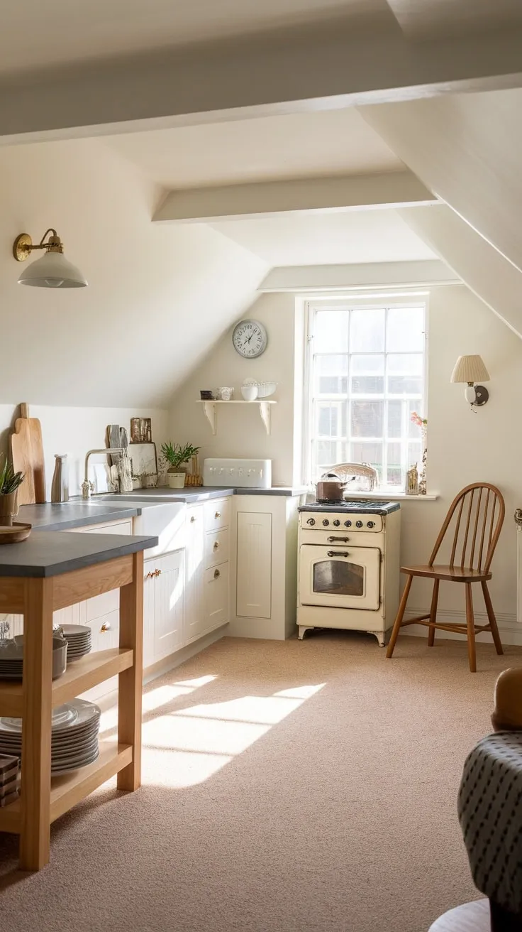 This well designed attic kitchen combines modern elegance with rustic charm, creating a warm and inviting space perfect for culinary creativity.