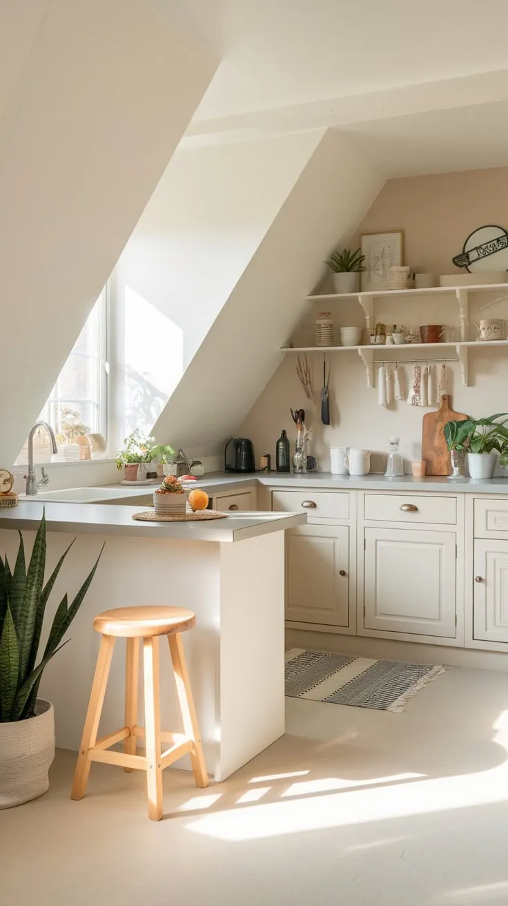 Imagine yourself in this attic kitchen, a sanctuary of culinary inspiration where a serene neutral palette and clever organization conspire to create a space so inviting, it practically begs you to create.
