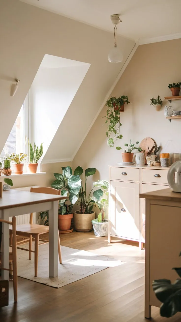 This attic kitchen exudes warmth and charm, with its neutral tones and inviting decor creating the perfect backdrop for memorable meals and gatherings.