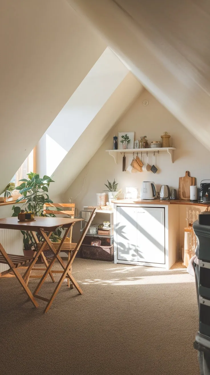 Step into this enchanting attic kitchen, where warm, neutral hues embrace you and delightful decor whispers of home. Here, in this cleverly compact space, you'll discover a seamless marriage of practicality and cozy contentment.