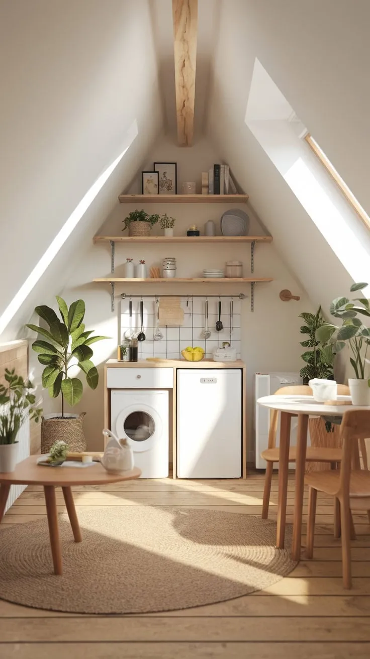This beautifully organized attic kitchen blends warmth and functionality, creating an inviting space perfect for culinary creativity and casual gatherings.