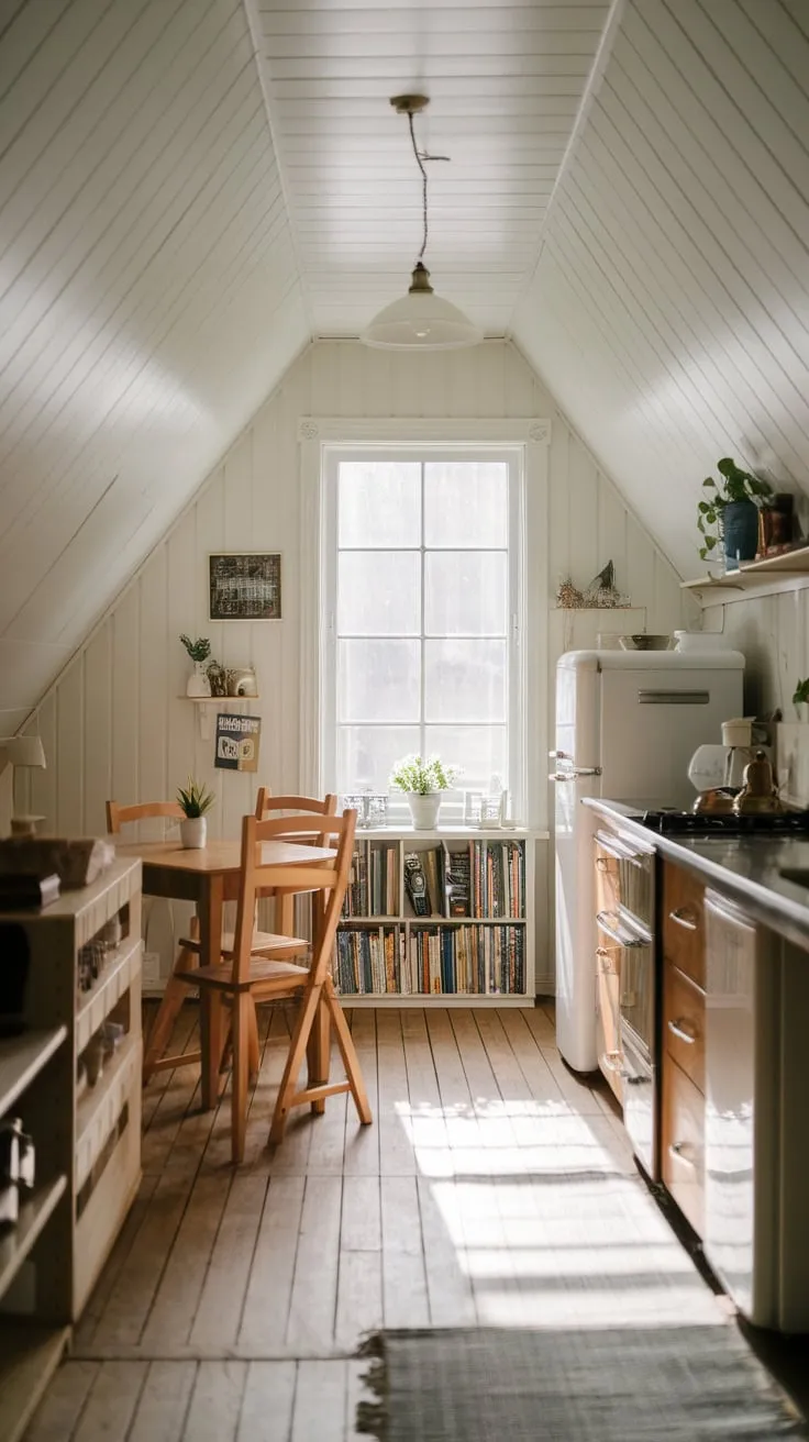 Sunlight streams through the dormer windows of your attic kitchen, bathing the exposed beams and handcrafted cabinetry in a golden glow, beckoning you to unleash your inner chef and host unforgettable, intimate feasts.