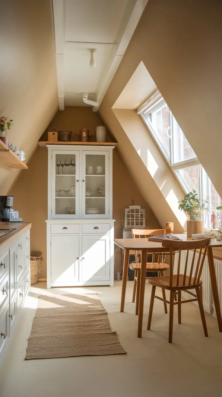 Sunlight streams through the dormer window of your attic kitchen, illuminating the soft, neutral palette and the warm, weathered wood that whispers stories of generations past, beckoning you to linger over steaming mugs and shared secrets.