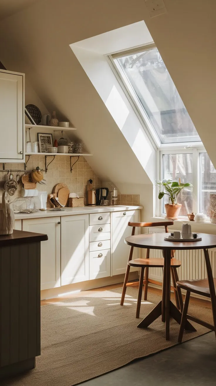 Sunlight streams through the attic windows, illuminating a kitchen where rustic charm dances with modern efficiency, beckoning you to unleash your inner chef and host unforgettable, cozy dinners.
