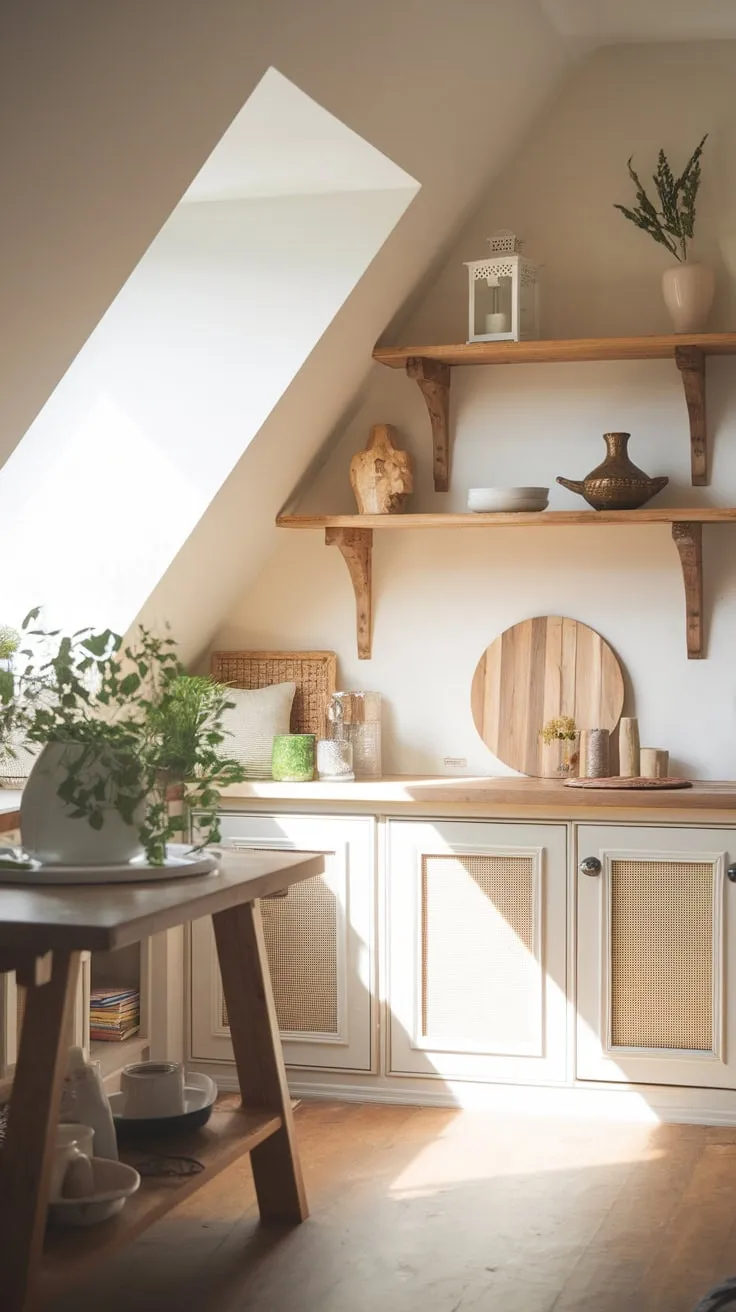 Sunlight streams through the dormer windows of your attic kitchen, illuminating the warm wood tones and gleaming countertops, a space where culinary inspiration meets cozy comfort, making you feel instantly at home in its stylish embrace.