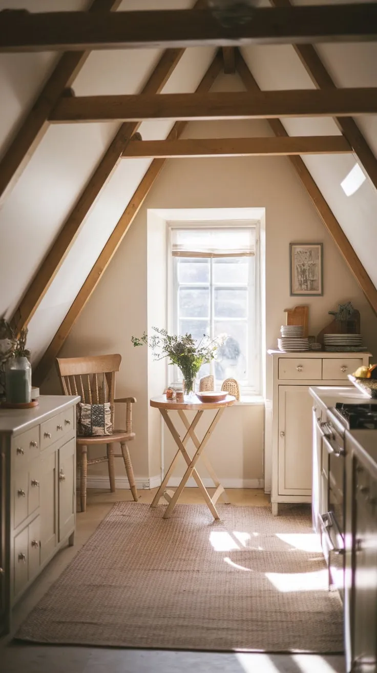 Ascend to the charming attic kitchen, where the embrace of warm, neutral hues and the sturdy presence of rustic wooden beams create a haven. The quaint table, graced with a burst of fresh blooms, beckons you to linger, to lose yourself in the quiet pleasure of a coffee break, far from the world below.