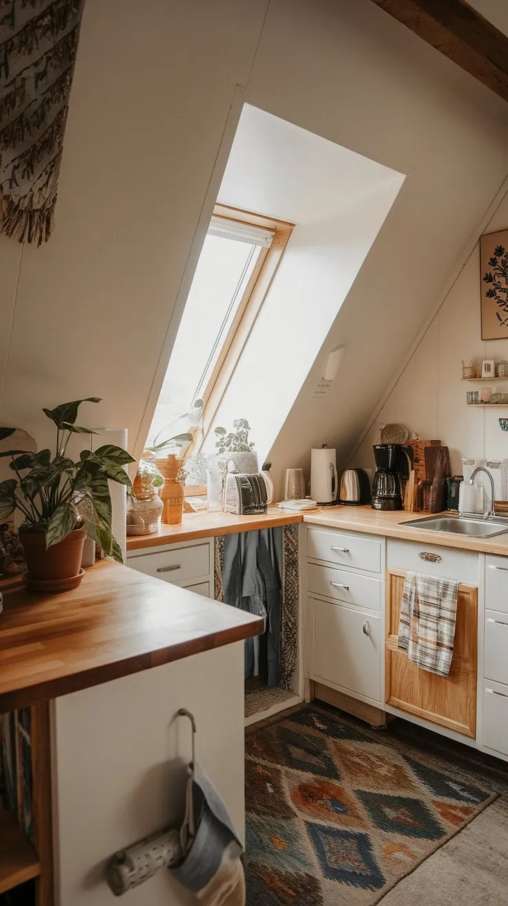 Cozy charm defines this small attic kitchen, where a sloped ceiling adds character and the slanted ceiling kitchen design maximizes every inch.  The kitchenette sloped ceiling lets in natural light, highlighting the wooden countertop and creating a surprisingly spacious feel in this small kitchen slanted ceiling space.