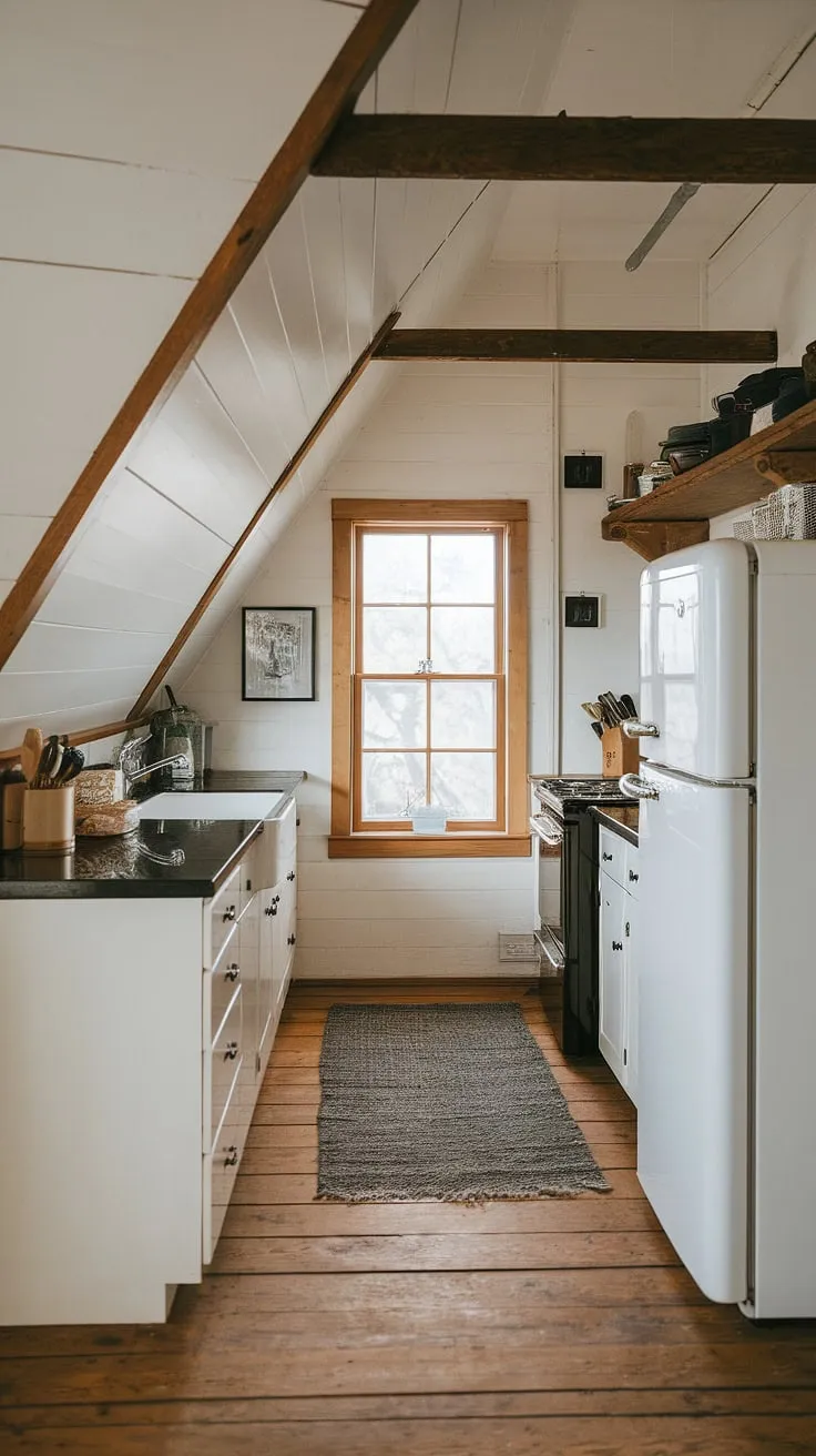 Cozy charm defines this small attic kitchen, where a sloped ceiling adds character to the white cabinets and black countertops.  The slanted ceiling kitchen maximizes space, creating a surprisingly functional kitchenette sloped ceiling.