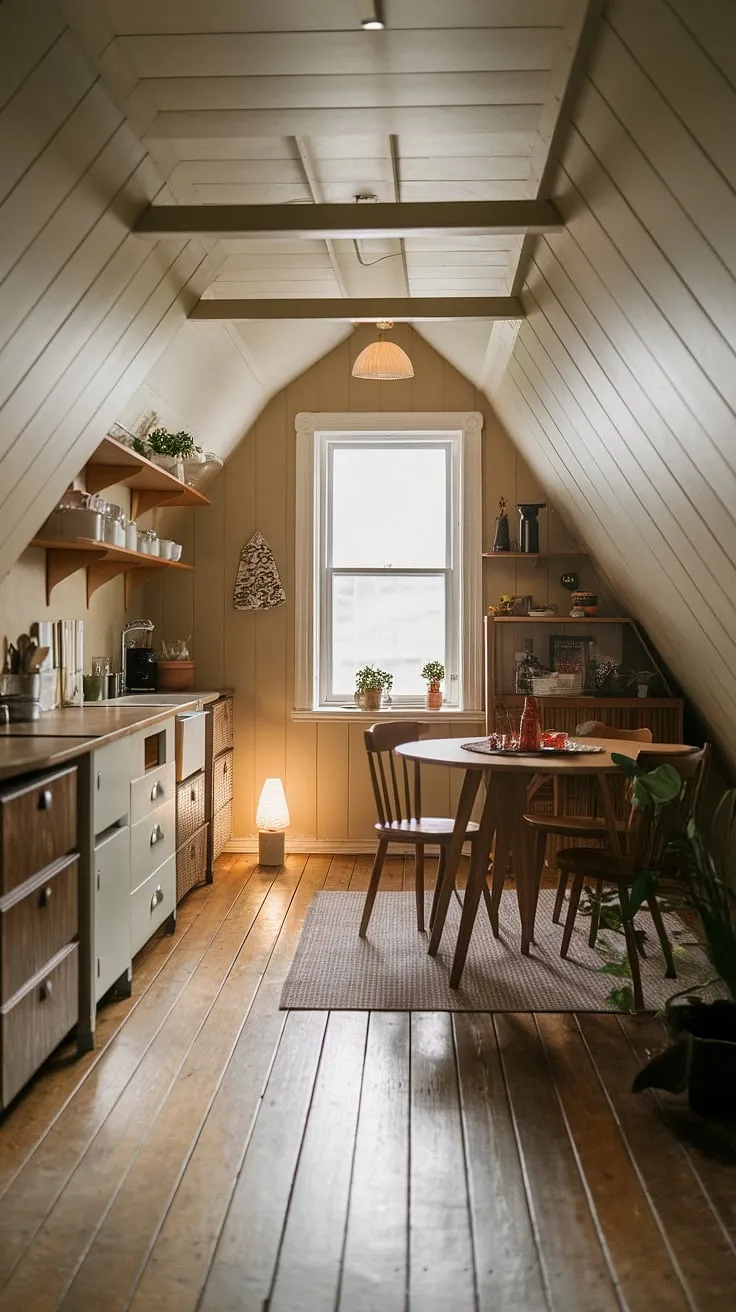 Cozy charm defines this small attic kitchen, where the sloped ceiling adds character and the slanted ceiling kitchen design maximizes every inch of space.  A kitchenette sloped ceiling doesn't mean sacrificing style; this warm and inviting space proves it.