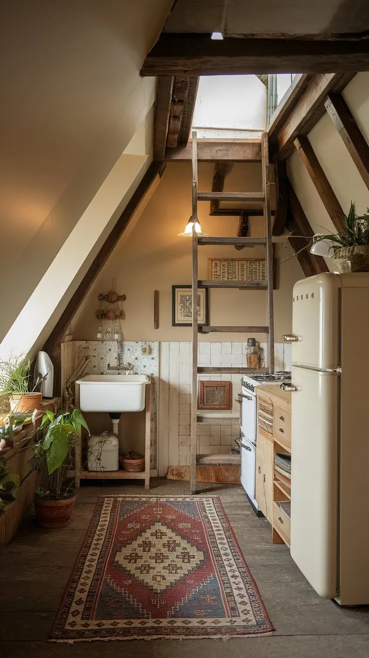 This small kitchen slanted ceiling is a testament to efficient design.  The attic kitchen's sloped ceiling kitchen layout, complete with rustic wooden beams and a charming rug, makes this slanted ceiling kitchen feel surprisingly spacious and full of character.  A kitchen with sloped ceiling doesn't have to be cramped; this one proves it.