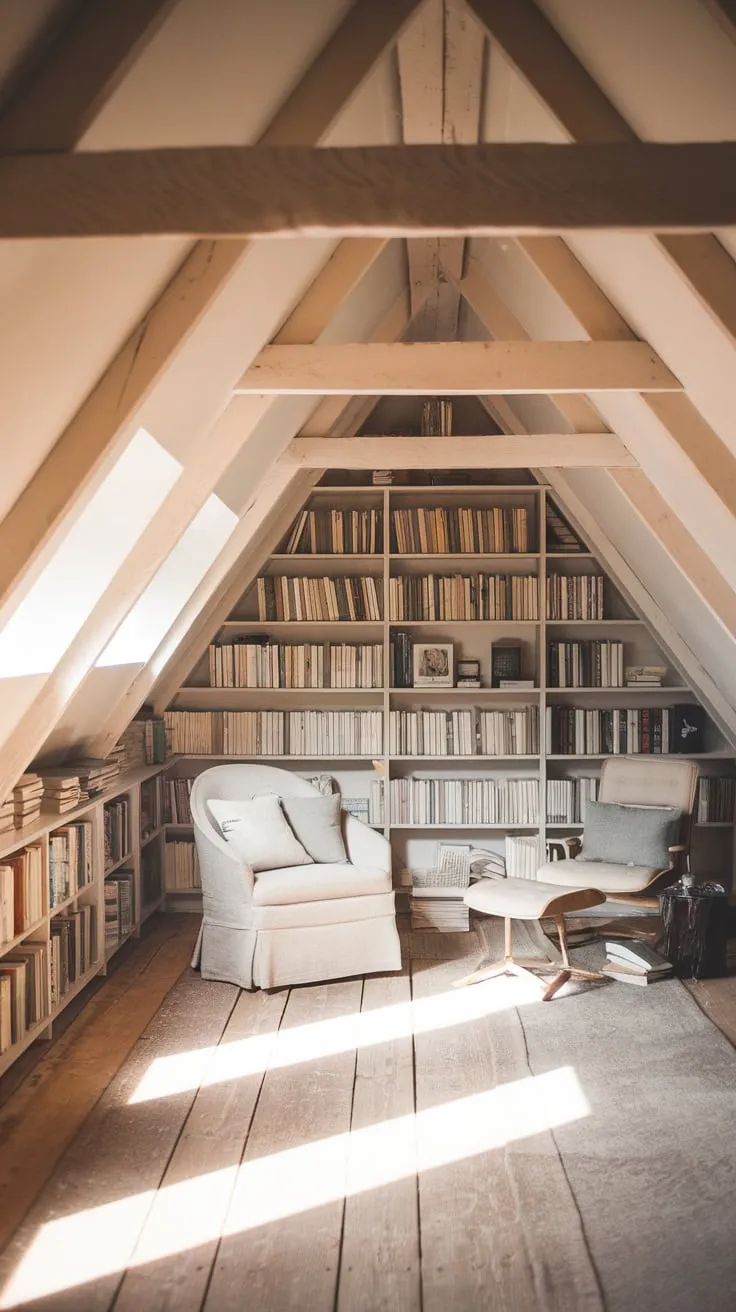 Sunlight streams through the dormer windows of the attic library, illuminating the aged wooden beams that crisscross above, while the scent of aged paper and leather beckons you to lose yourself amongst the carefully curated shelves – a sanctuary crafted for the soul seeking refuge in the embrace of a captivating story.