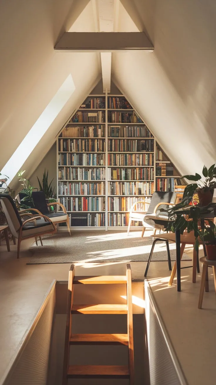 Dust motes dance in the sunbeams slanting through the attic library's window, illuminating rows of inviting books and a plush armchair practically begging you to sink into its depths – a sanctuary crafted for quiet contemplation and the boundless adventure of the written word.