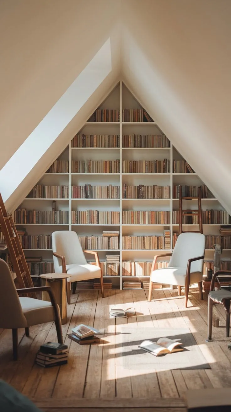 This attic library invites you to lose yourself in its warm embrace, where every book holds the promise of a new adventure waiting to be discovered.