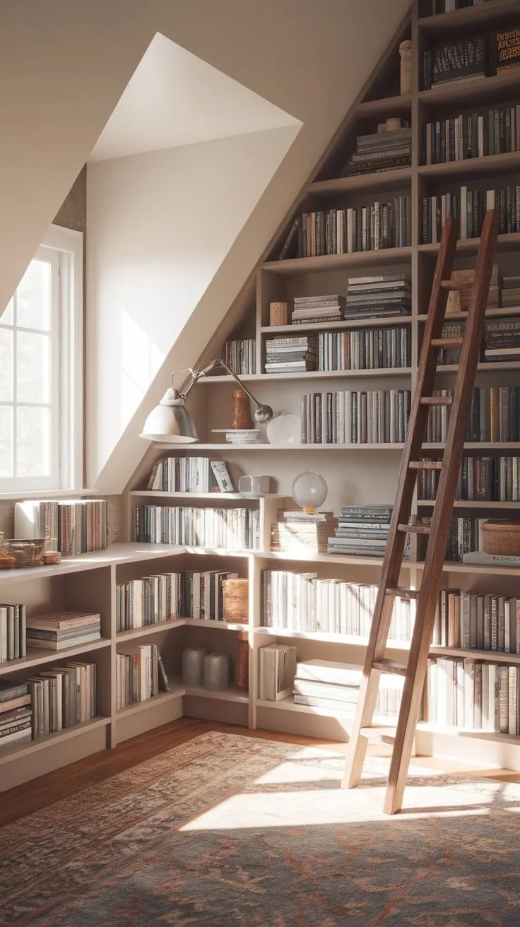 Sunlight streams through the dormered windows of the attic library, beckoning you to sink into its hushed embrace, where shelves overflowing with literary treasures promise hours of blissful escape amidst a palette of soothing, neutral hues.
