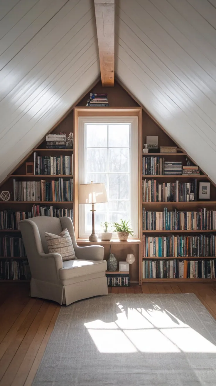 Imagine stepping into an attic transformed: a haven of warm wood and hushed tones, where a cozy reading nook promises hours lost in the pages of a beloved book, a space designed to cradle you in comfort and spark the flame of inspiration within.