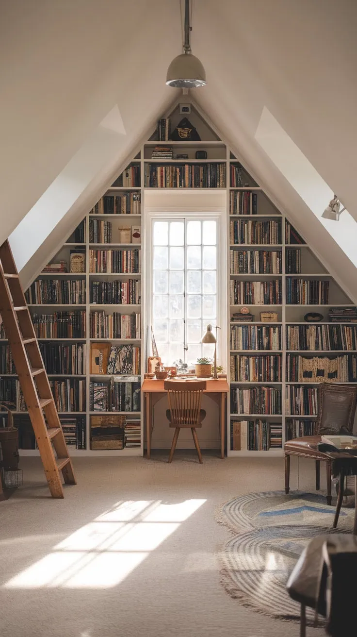 This attic library, with its towering bookshelves and inviting corners, offers the perfect retreat for anyone seeking solace in the pages of a good book.