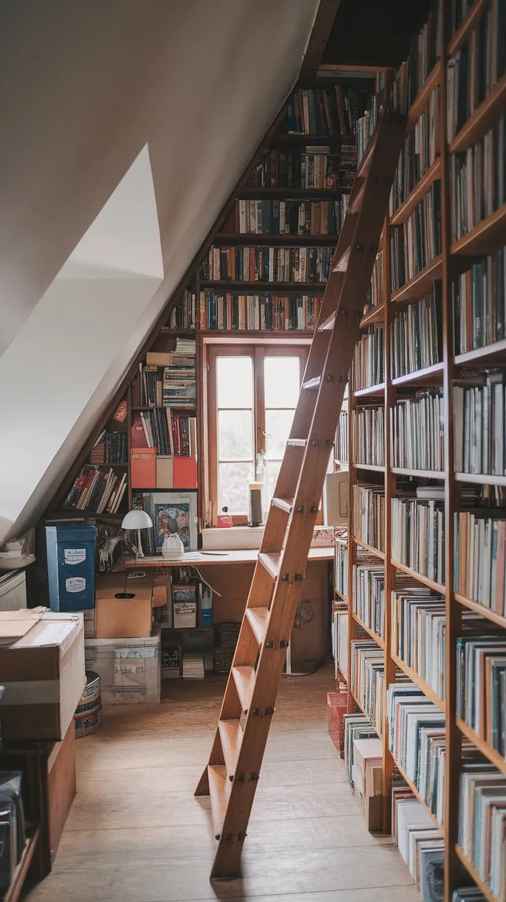 Escape to this enchanting attic library, where a wooden ladder ascends to an attic reading room brimming with attic books and attic archives.  The attic collection, meticulously organized in attic book storage, offers endless attic literature and attic resources for the dedicated attic research space. A haven for quiet study amongst the treasures of this attic study.