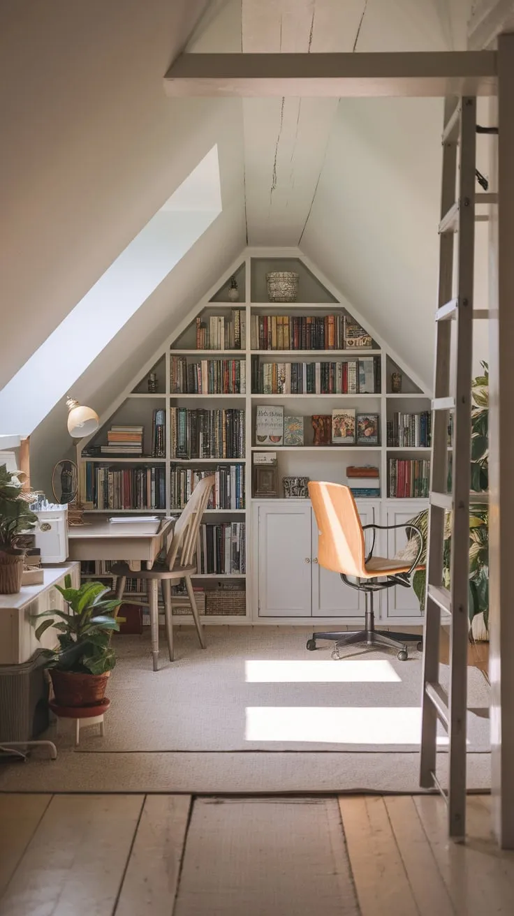 This attic library invites you to lose yourself in its warm, inviting atmosphere, where every book holds the promise of a new adventure.