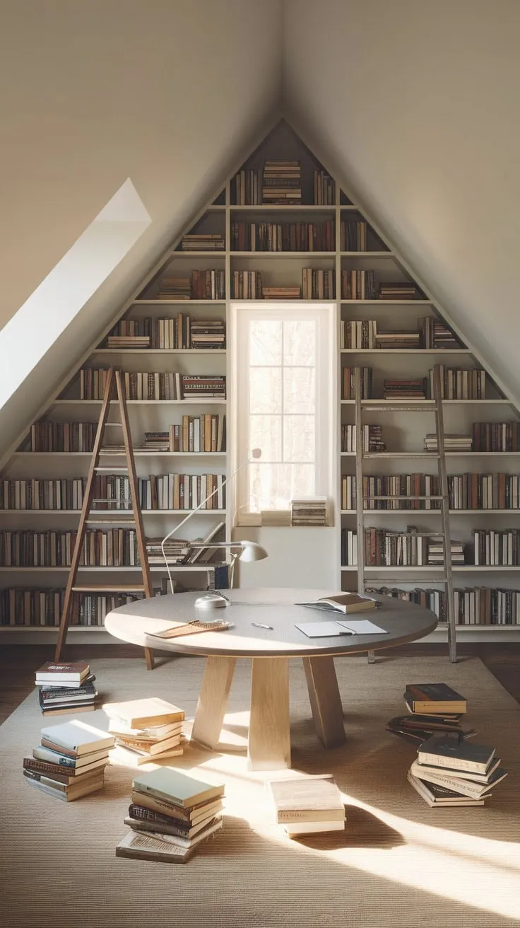 Dust motes dance in the sunbeams slanting through the attic library's window, beckoning you into a haven where the scent of aged paper and leather wraps around you like a warm hug, each spine whispering untold tales and the hushed atmosphere sparking flights of imagination and quiet contemplation.