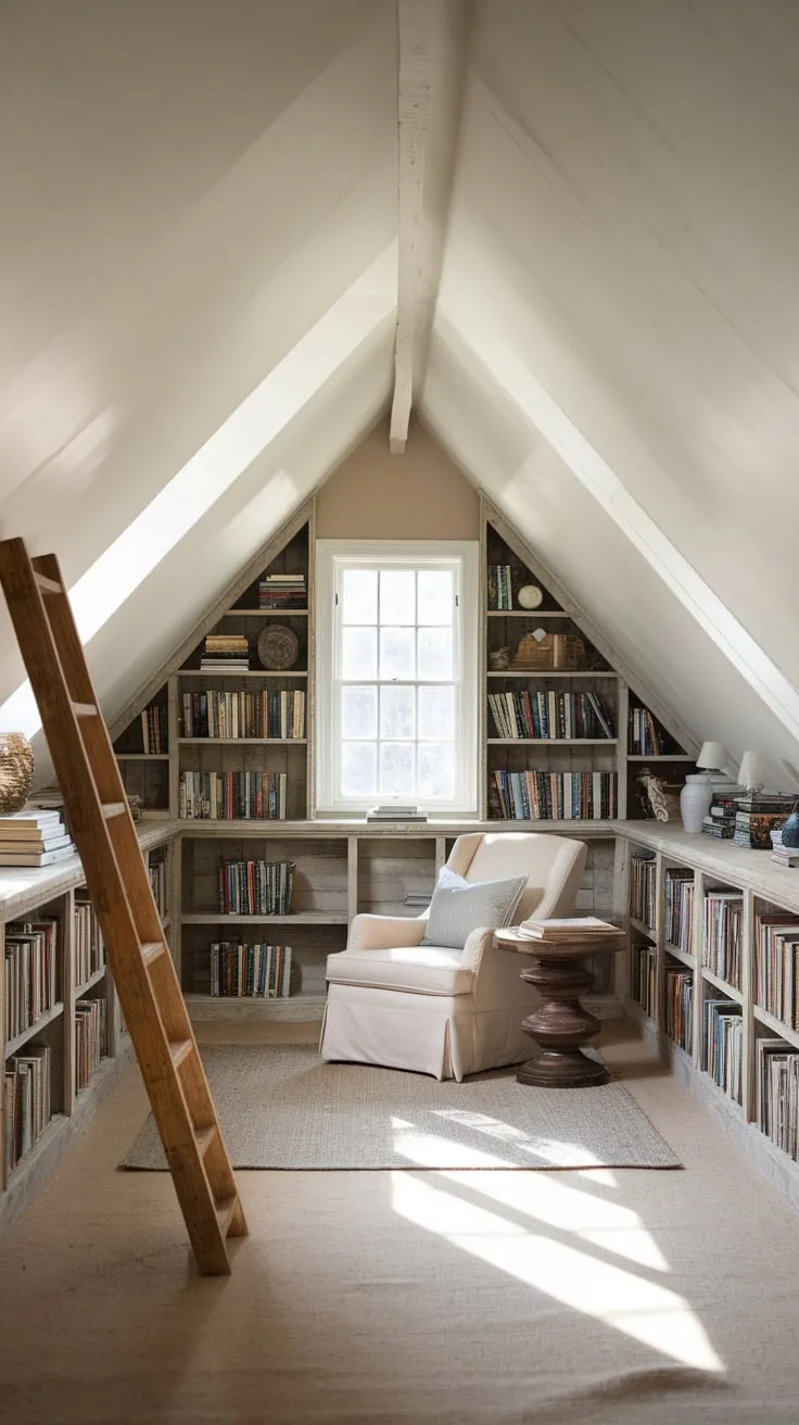 Dust motes dance in the sunbeams slicing through the attic's gloom, illuminating a library where time seems to slow; the scent of aged paper and wood whispers promises of forgotten tales, and a worn armchair practically begs you to sink into its depths and unravel the secrets held within.